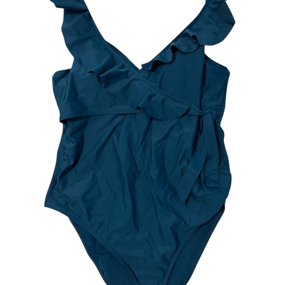 Quince Teal One-Piece Swimsuit with Ruffle Wrap